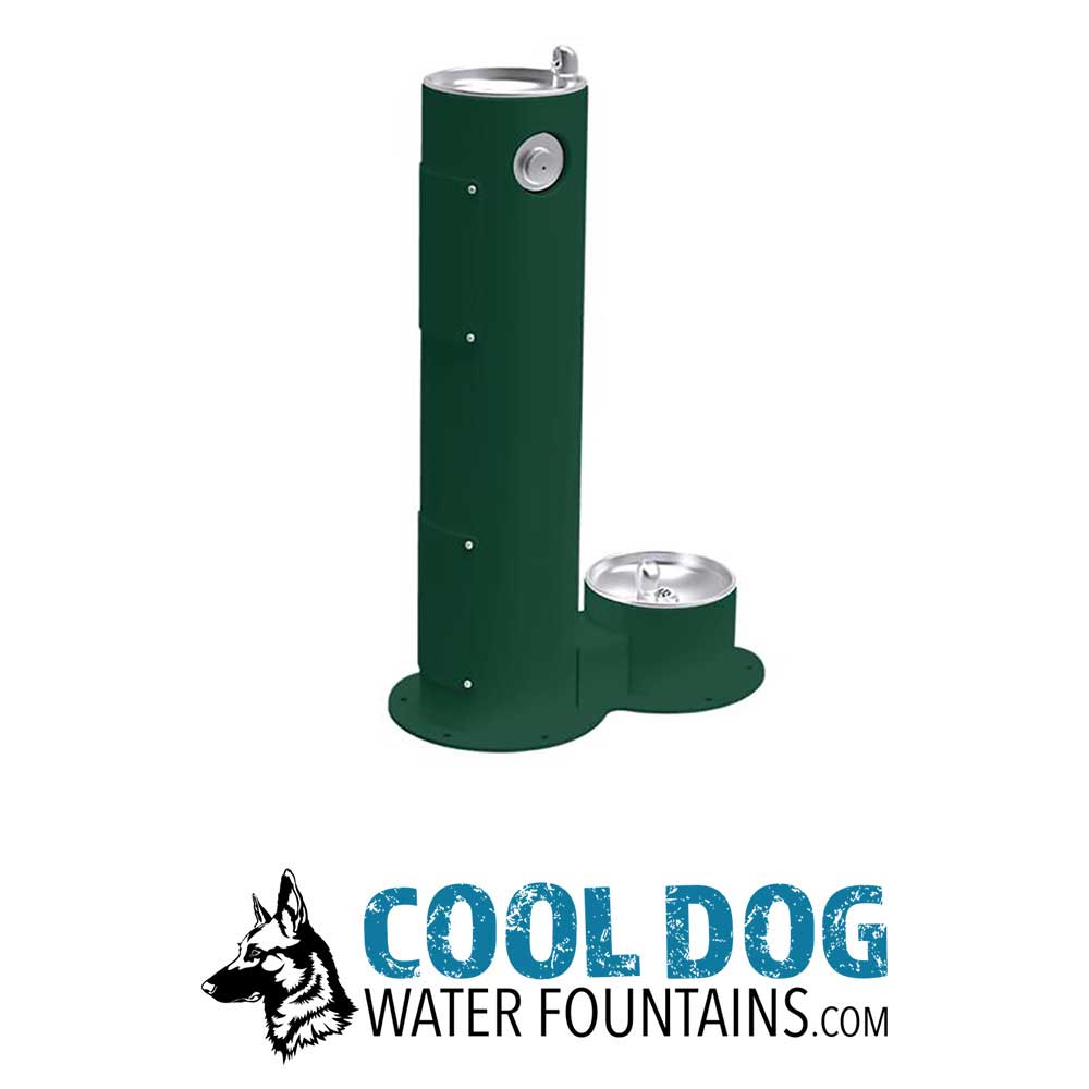 A green outdoor water fountain with a tall spout for people and a lower bowl for dogs, shown above the "Cool Dog Water Fountains.com" logo featuring a dog illustration.