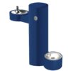 A modern blue water fountain with two round basins at different heights, designed for accessibility and easy drinking, against a plain white background.