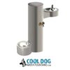A stainless steel outdoor water fountain with two drinking bowls at different heights, one for people and one for dogs, and a faucet, shown above the “Cool Dog Water Fountains” logo with a dog illustration.