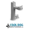 A silver, multi-level outdoor water fountain for people, dogs, and bottle filling, with the logo "COOLDOG WATER FOUNTAINS.com" and a black dog illustration below.