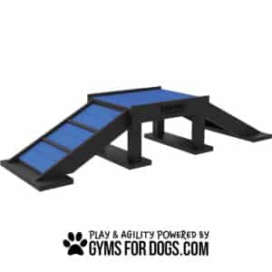 A black and blue dog agility ramp with stairs on both sides and a flat platform on top. The text below reads, "Play & Agility Powered by GymsForDogs.com.