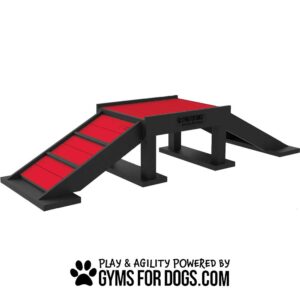 A black and red dog agility ramp with steps on both sides, used for training or exercise, stands on a white background. Text below reads, "Play & Agility Powered by GymsForDogs.com" with a paw print icon.