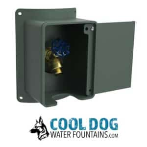 A green metal box with an open door reveals a blue-handled outdoor water spigot inside. Below the image is the "COOL DOG WATER FOUNTAINS.COM" logo featuring a dog's head illustration.