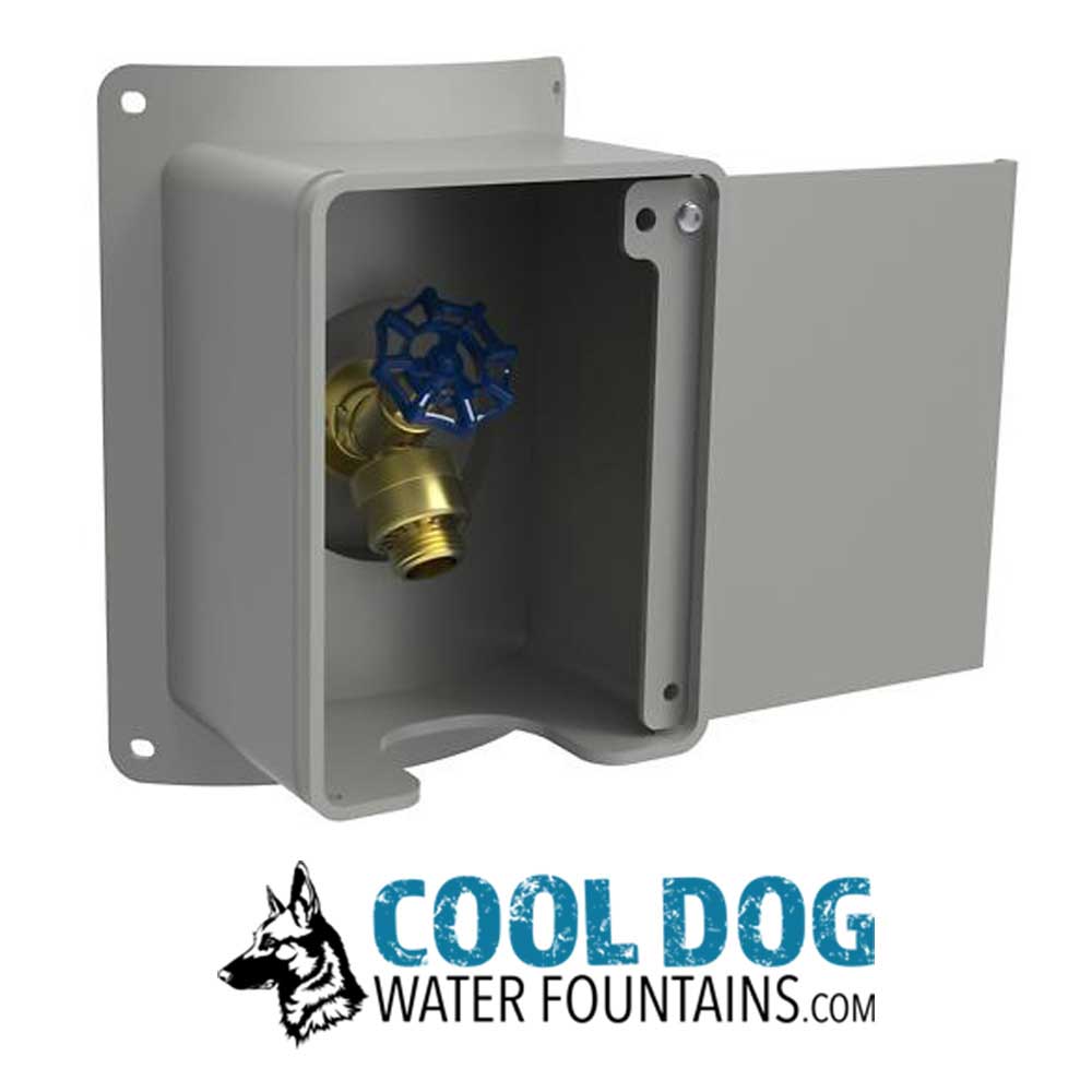 A gray metal wall-mounted box with an open door reveals a blue-handled valve inside. Below is the Cool Dog Water Founatin - STE - Pet Hose Bib Attachment logo featuring a dog illustration.