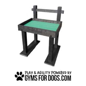 A raised dog training platform with a green surface and black frame, designed for agility exercises. The text below reads, "Play & Agility Powered by GymsForDogs.com" with a paw print graphic.