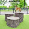 A brown dog standing on one of three artificial tree stump platforms in a fenced outdoor area with green grass and trees in the background. The text "PLAY & AGILITY POWERED BY GYMS FOR DOGS.COM" is at the top.