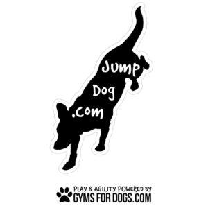 The Dog Park Jump Dog Sign (36" W x 22" H) features a black dog silhouette jumping with “Jump Dog .com” text, plus “Play & agility powered by gymsfordogs.com” and a paw print below.