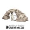A black and white dog sits under a large artificial rock arch. Below, the text reads: "Play & agility powered by GymsForDogs.com" with a paw print icon.