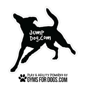 Silhouette of a jumping dog with "JumpDog.com" on its body, plus “Play & Agility Powered by GymsForDogs.com” and a paw print. Featured on the Dog Park Ready Dog Sign - 36"W x 36"H.