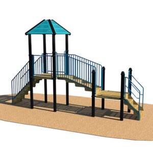 The Social Play Series - Besties Rumble features steps on both sides leading to a central platform with a blue roof, surrounded by railings and set on a tan surface.