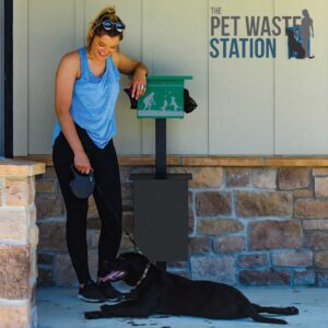A woman in athletic wear stands by The Pet Waste Station with Scooper - Free Standing, smiling at a black leashed dog lying beside her. The green-sign station is attached to a stone and concrete structure.
