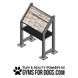 An outdoor instructional sign on a stand, displaying information panels, with the text "Play & Agility Powered by GymsForDogs.com" and a paw print logo beneath it.