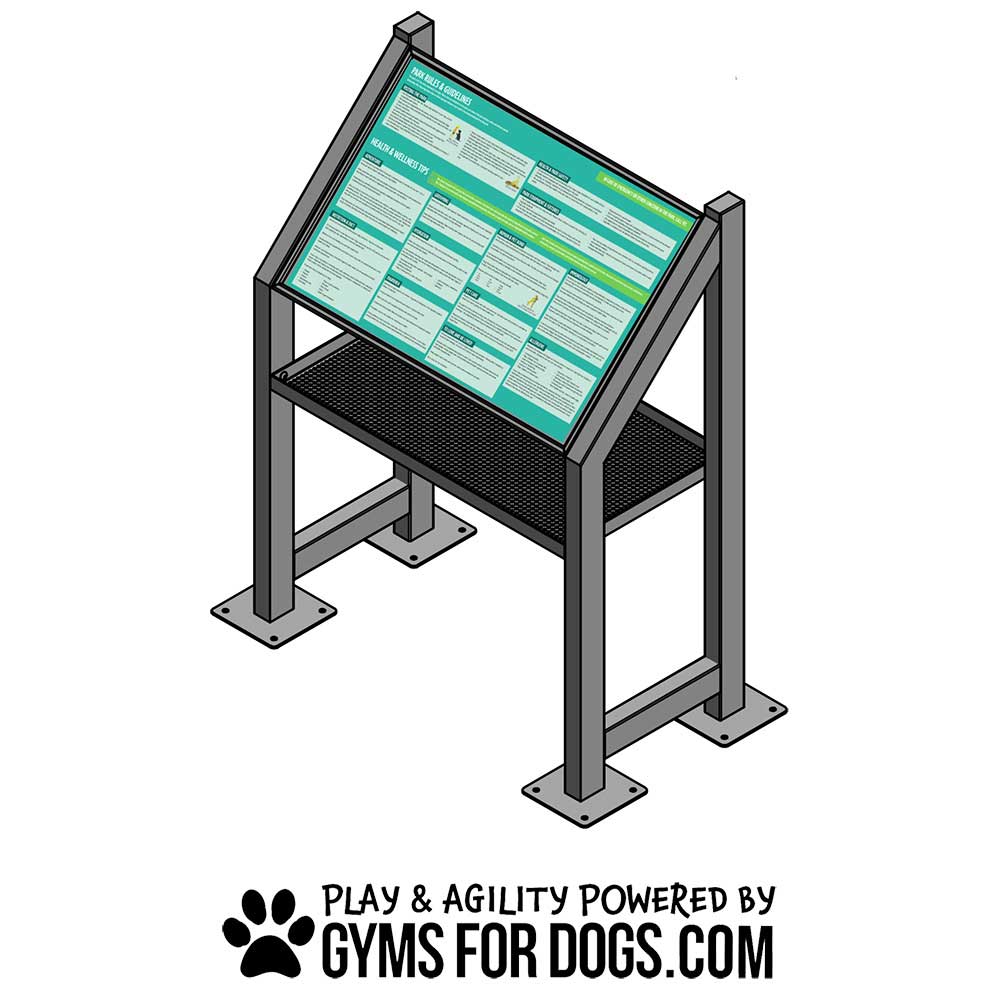 An illustrated outdoor information sign with a green activity panel on a metal stand, featuring the text "Play & Agility Powered by Gyms For Dogs.com" and a paw print logo below.