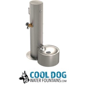 A stainless steel dog water fountain with a round basin and spout, next to a standing pipe and faucet. Below is the logo "COOL DOG WATER FOUNTAINS.COM" with a dog illustration.