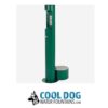 A green metal outdoor water fountain with a tall vertical column and a lower circular bowl for dogs. The logo below reads "Cool Dog Water Fountains" with a husky illustration.