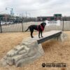 A black dog wearing a red harness stands on a stone-like agility bridge in a fenced dog park with wood chip ground covering. Buildings and parked cars are visible in the background.