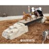 Several dogs stand and play on a small bridge made of wood and artificial rock in an outdoor dog park area with bark mulch ground. A sign on the fence in the background reads "GYMS FOR DOGS.