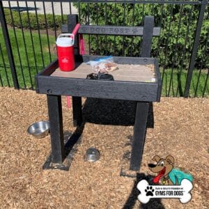 A black "Dog Post - Leash Holder & Toy Box" at the park has a bench, table, red water jug, plastic bags, dog treats, and two metal dog bowls on mulch. The fenced area shows a "Gyms for Dogs" logo in the corner.