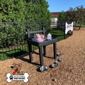 The Dog Post - Leash Holder & Toy Box station features a black bench, water jug, striped bag, and four metal dog bowls on wood chips. A "Gyms for Dogs" sign with a cartoon dog logo is on the fence, with trees and grass in the background.