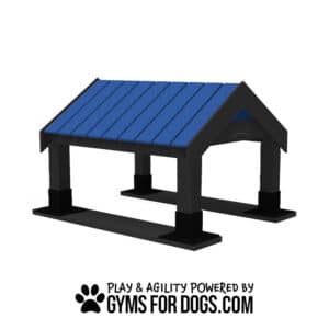 The Tunnel House (S/M) is a blue and black, house-shaped dog agility ramp for play and exercise at the Dog Park. Text below reads "Play & Agility Powered by GymsForDogs.com" with a paw print graphic.