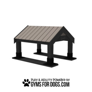 The Tunnel House (S/M) is a black and gray dog park agility structure shaped like a small house roof, featuring "Play & Agility Powered by GymsForDogs.com" text and a paw print below.