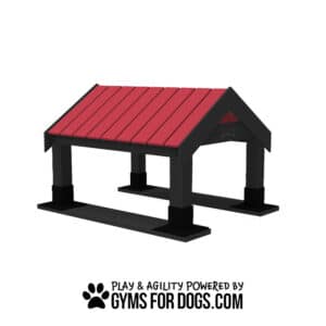The Tunnel House (S/M) is a black and red dog agility structure shaped like a small house frame, ideal for any dog park. Designed for dogs to run under or through. Play & Agility Powered by GymsForDogs.com.