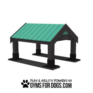 The Tunnel House (S/M) is a dog agility ramp shaped like a small house with a teal roof and black base, ideal for any Dog Park. Below, text reads "Play & Agility Powered by Gyms For Dogs.com" with a paw print graphic.