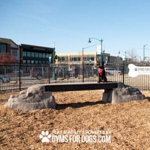A black dog sits on Ellie's Boulder Bridge Pro—Bridge, Set of 2 Rocks, and Bumper Pads—in a fenced Dog Park with buildings behind. Text at the bottom reads, "Play & Agility Powered by GymsForDogs.com.