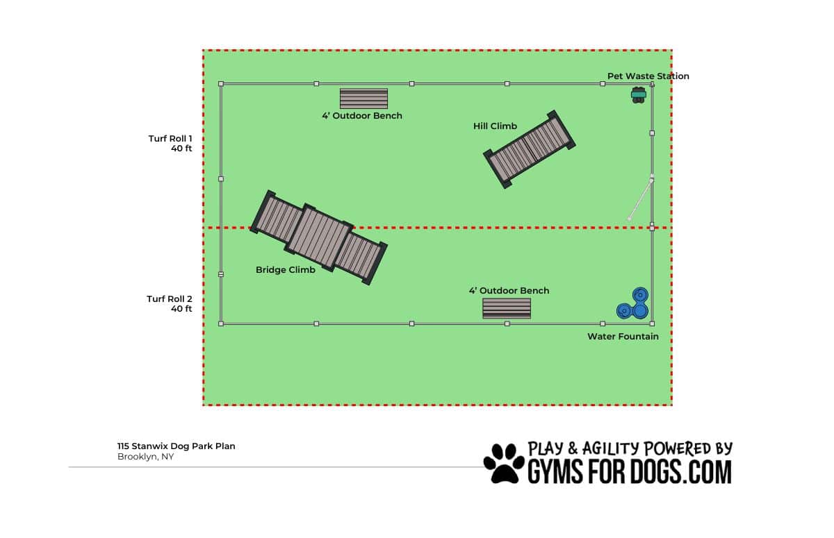 A rectangular Dog Park layout with agility equipment, benches, a hill climb, bridge climb, pet waste station, and water fountain. Dotted red lines outline the Dog Park area. 