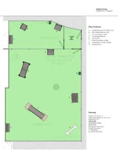 A site plan for Aspire Cincy Dog Park shows play equipment, benches, gates, and fenced areas. The Dog Park layout includes labeled sections for dog activities, a leash and pet waste area, and a large grassy play zone.