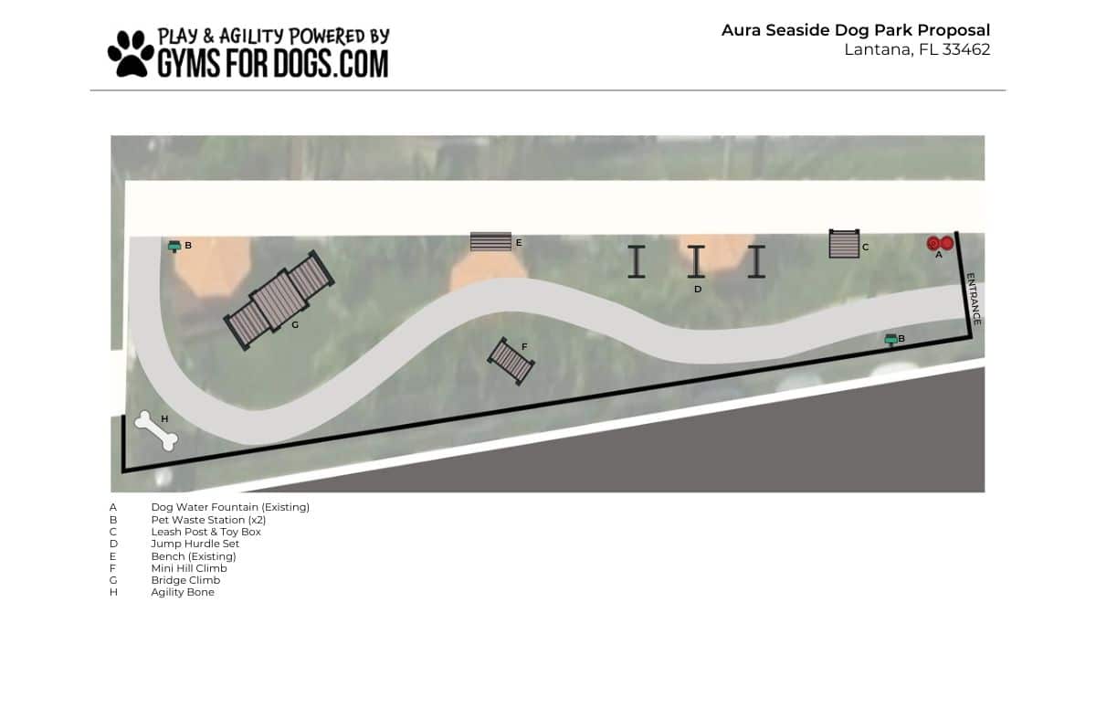 A labeled Dog Park site plan for Aura Seaside in Lantana, FL, showing a curving pathway, agility equipment, benches, dog waste stations, and areas labeled A through G, with icons for dog activities and park features.