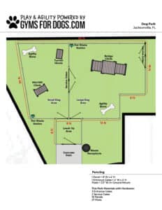 A labeled map of a dog park shows areas for small and large dogs, agility bones, a tunnel, bridge, mini hill, pet waste stations, water area, concrete path, leashing up spot, and fencing dimensions.