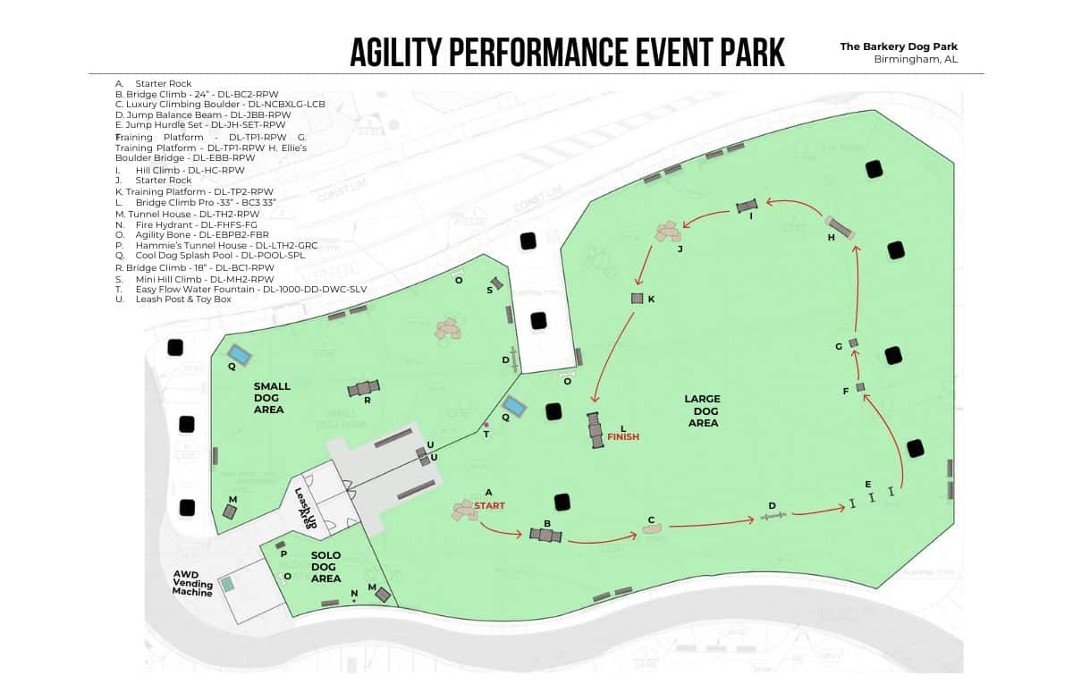 Map of Agility Performance Event Dog Park showing a marked agility course with labeled obstacles in large and small dog areas, paths, entrance, parking, and park features. The course starts and ends near the center.
