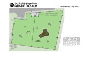 A labeled Dog Park map of Branchburg shows fenced small and large dog areas with agility equipment, waste stations, benches, trees, and an ADA-compliant entry. The park is bordered by grass and sidewalks.