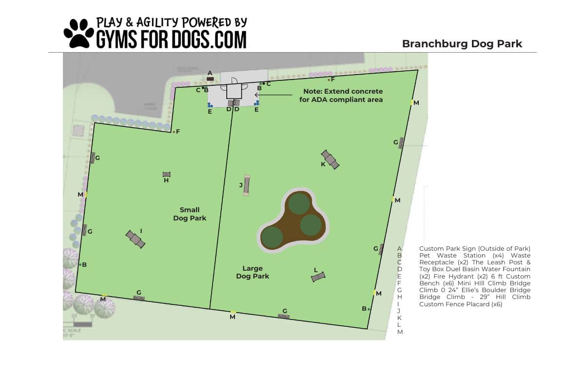 A labeled Dog Park map of Branchburg shows fenced small and large dog areas with agility equipment, waste stations, benches, trees, and an ADA-compliant entry. The park is bordered by grass and sidewalks.