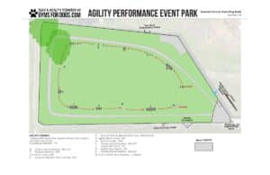 A labeled map displays an agility performance event course at Carmel Central Park Dog Park in Carmel, IN, featuring marked start and finish points, obstacles A–K, trees, a water fountain, gravel and grass paths, and entry/exit gates.