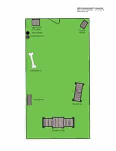 A labeled overhead map of a rectangular Dog Park features a leash post, toy box, park waste bin, caddy system, agility bone, tunnel house, trail bench, bridge climb, and hill climb set on lush green grass.