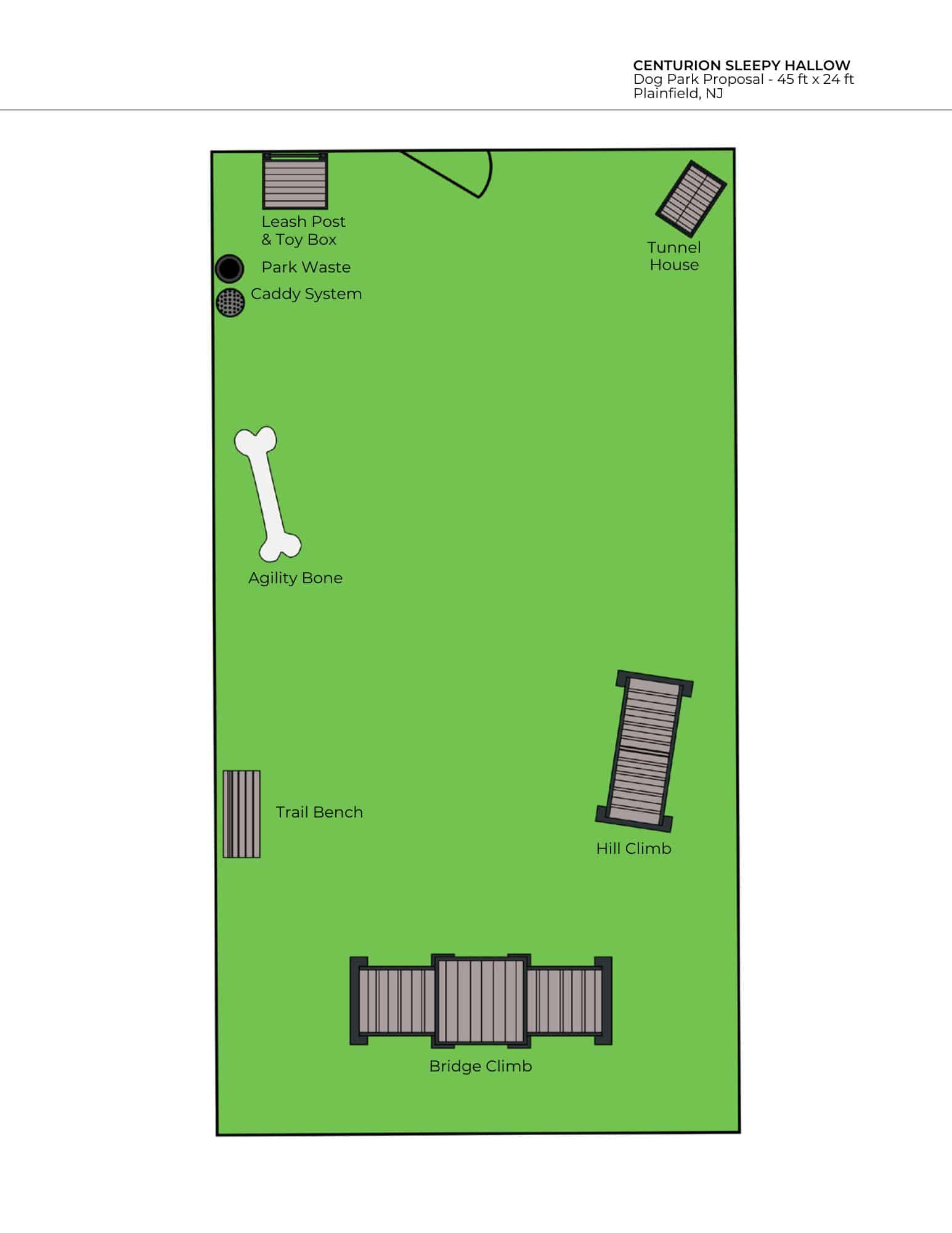 A labeled overhead map of a rectangular Dog Park features a leash post, toy box, park waste bin, caddy system, agility bone, tunnel house, trail bench, bridge climb, and hill climb set on lush green grass.