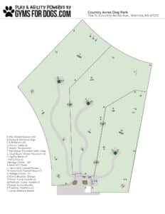 A labeled Dog Park map of Country Acres in Wichita, KS, showing walking paths, park boundaries, entrances, agility equipment, water stations, benches, and the layout of various dog obstacles and features.