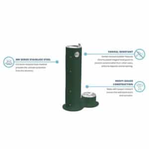 A vertical green outdoor water fountain, perfect for a dog park, with a spout on top and a bowl at the base. It features labels for its vandal-resistant design, heavy-gauge construction, and 300 series stainless steel corrosion-resistant material.