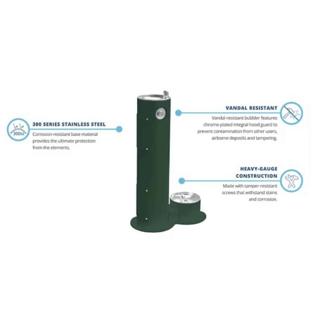 A vertical green outdoor water fountain, perfect for a dog park, with a spout on top and a bowl at the base. It features labels for its vandal-resistant design, heavy-gauge construction, and 300 series stainless steel corrosion-resistant material.