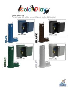 Four outdoor dog water stations for the dog park in blue, black, green, and gray, each with a bowl, hose bib, and open compartment, shown side by side for color selection. "ColorPlay" and Cool Dog logo are visible on the image.