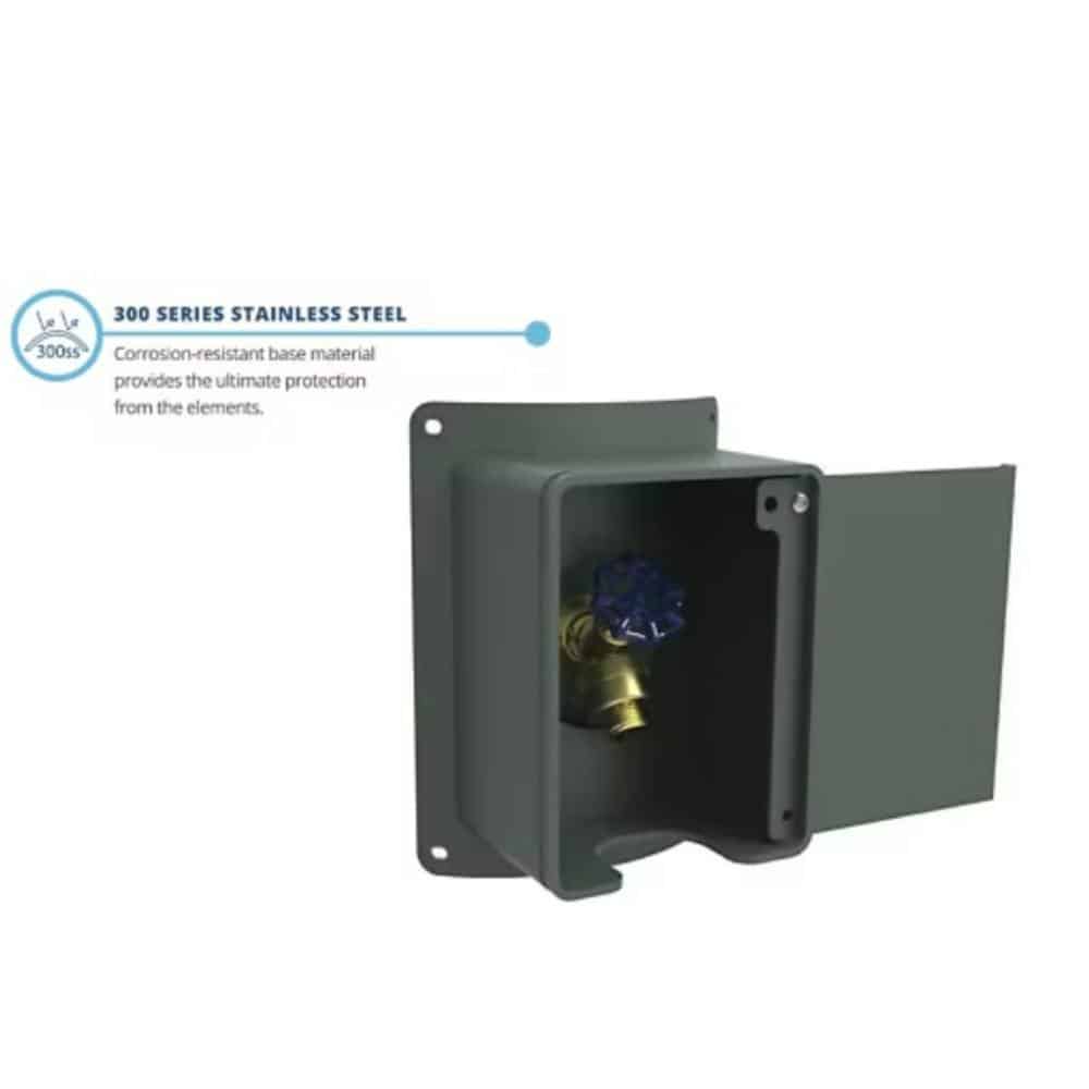 A gray metal outdoor wall box at the Dog Park features an open door revealing a blue-handled valve inside. Made of 300 series stainless steel, it ensures corrosion resistance and ultimate weather protection.