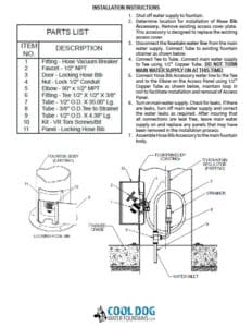 Installation instructions for a fountain accessory, perfect for any Dog Park. Includes a labeled diagram showing hose and fitting connections, a 7-step instruction list, and a parts list with item numbers and descriptions. Cool Dog Water Fountains logo at the bottom.