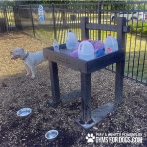 A water station for dogs at a park, with jugs of water, bowls, and towels on a stand labeled "Wag Post." A white dog with a collar stands nearby, and a metal fence and trees are visible in the background.