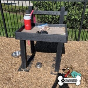 A black "Dog Post" stand holds a red water jug and a plastic bag with dog treats at a dog park. Metal water bowls are on the ground nearby. A “Gyms For Dogs” logo with a cartoon dog is in the corner.