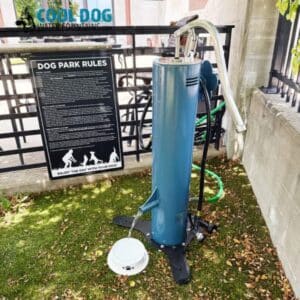 A Doggie Demand Fresh Flow Portable Water Fountain Spout & Pet Hose (SLV) dispenses water at a dog park, with a rule sign by a black fence, coiled green hoses nearby, and overhanging leaves in the background.