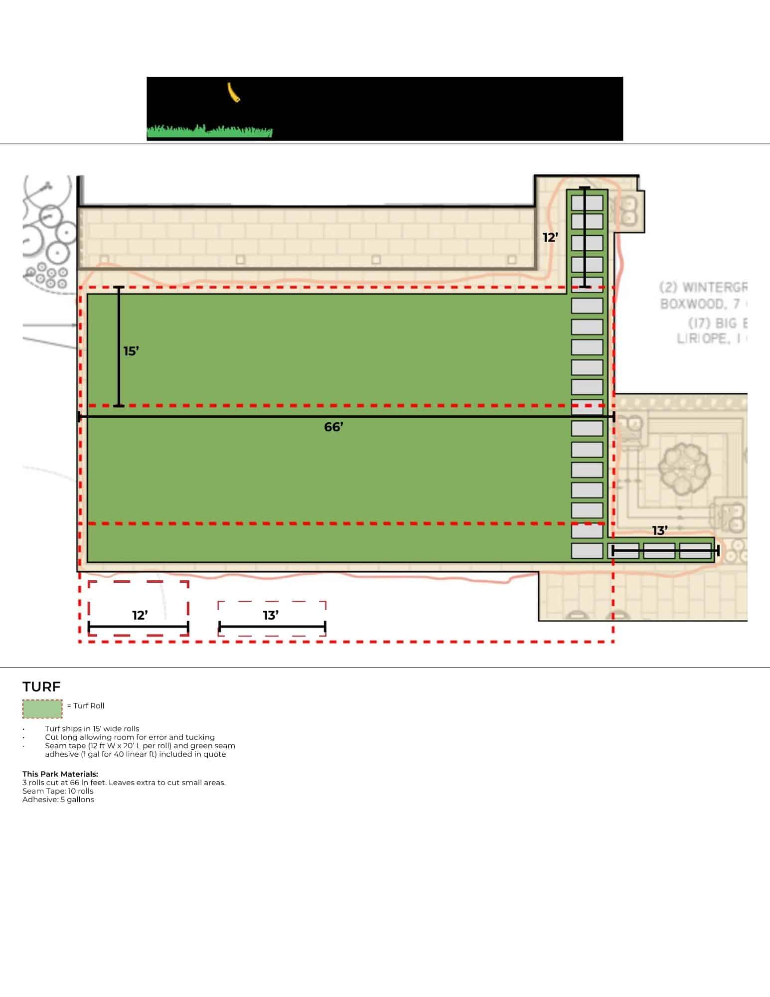 Landscape plan showing a large rectangular turf area labeled 