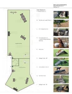 Diagram of a Dog Park with labeled zones and equipment, plus photos showing waste stations, agility structures, benches, a toy box, and dogs enjoying play features like ramps, bridges, and climbing hills.