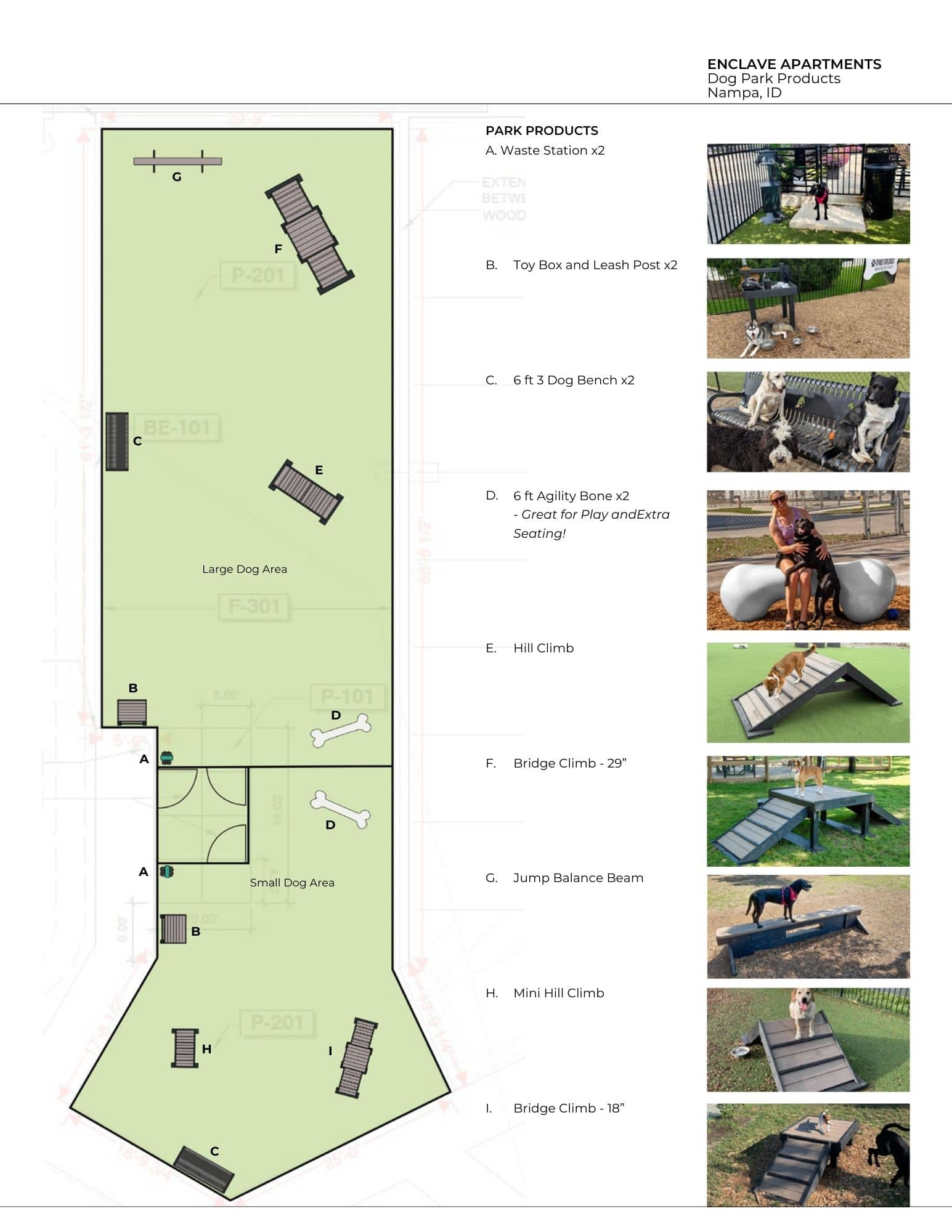 Diagram of a Dog Park with labeled zones and equipment, plus photos showing waste stations, agility structures, benches, a toy box, and dogs enjoying play features like ramps, bridges, and climbing hills.
